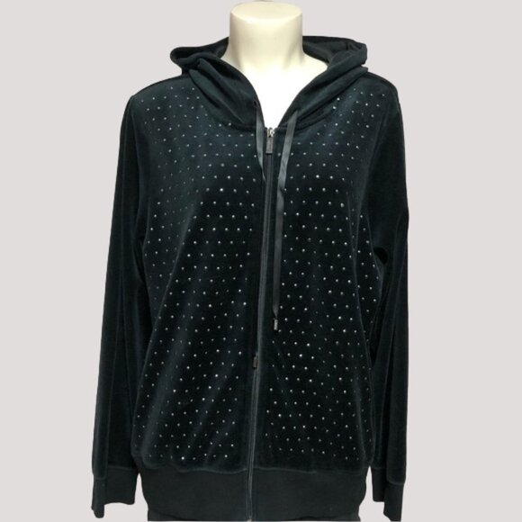 Calvin Klein Black Velour Full Zip Hooded Jacket With Silver Rhinestones - Picture 1 of 13